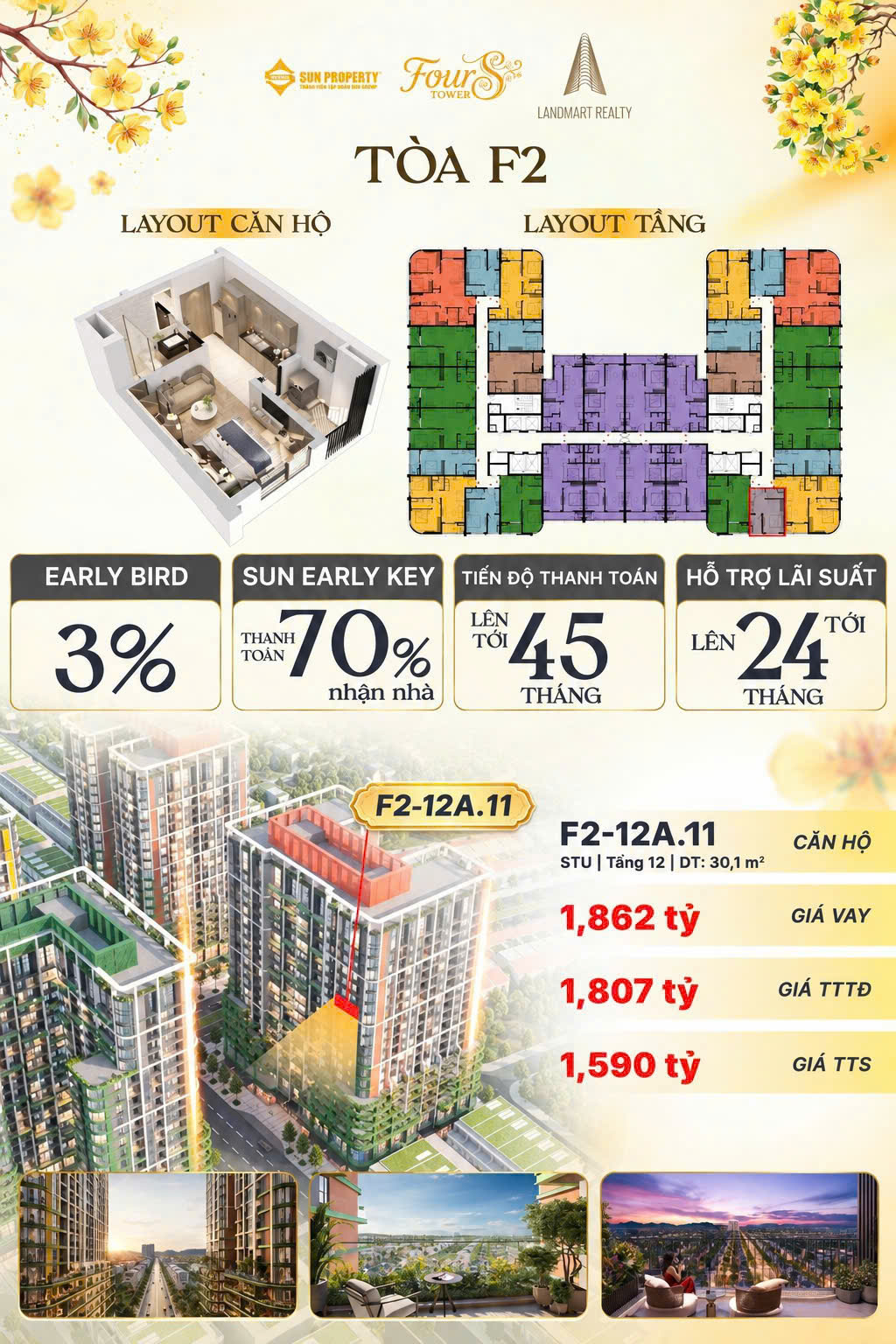 Studio F2 tầng 12A trục 11 | view đường Nguyễn Phước Lan | chỉ 1.59 tỷ