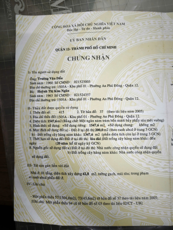 CHÍNH CHỦ CẦN BÁN ĐẤT 1.547,6M² – AN PHÚ ĐÔNG, QUẬN 12 – GIÁ 32 TỶ