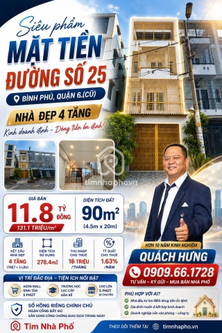 Nhà MT Đường Số 25 Bình Phú Quận 6 - 4 Tầng - HĐT Cao - Chỉ 11.8 Tỷ